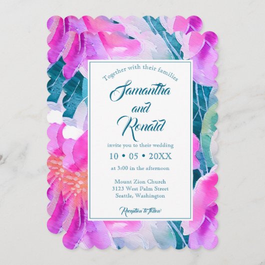 Roze Paarse en Blauwgroen Waterverf Bloemenbruilof Kaart (Voorkant / Achterkant)