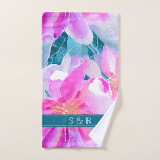 Roze Paarse en Blauwgroen Waterverf Floral Monogra Bad Handdoek (Handdoek)
