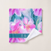 Roze Paarse en Blauwgroen Waterverf Floral Monogra Bad Handdoek (Wasdoekje)
