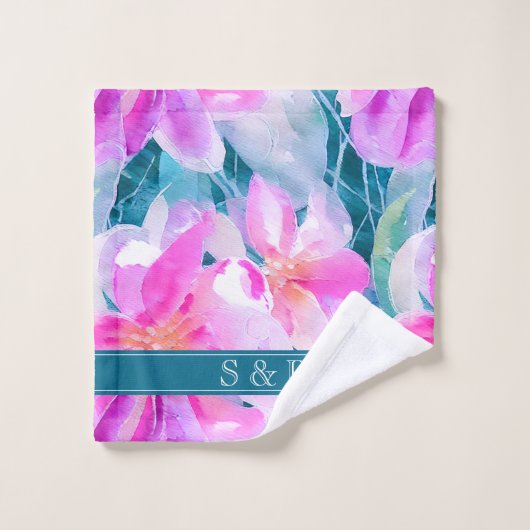 Roze Paarse en Blauwgroen Waterverf Floral Monogra Bad Handdoek (Wasdoekje)