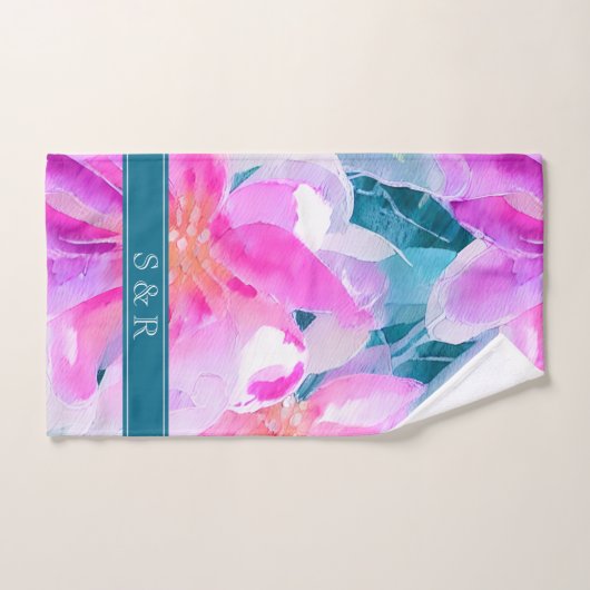 Roze Paarse en Blauwgroen Waterverf Floral Monogra Bad Handdoek (Handdoek)