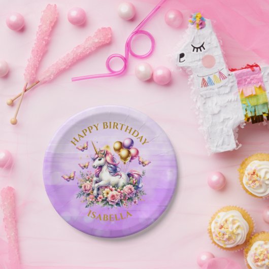  Roze, Paarse en Gouden Eenhoorn Verjaardag Papieren Bordje (Feest)