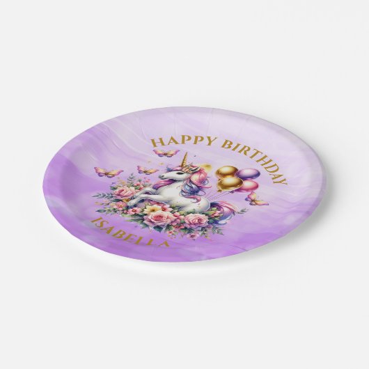 Roze, Paarse en Gouden Eenhoorn Verjaardag Papieren Bordje (Gekanteld)