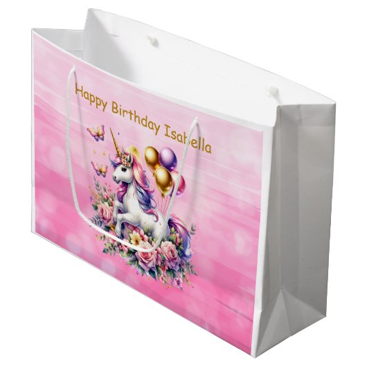  Roze, Paarse en Gouden Eenhoorn Verjaardagsdeel Groot Cadeauzakje (Voorkant Gekanteld)