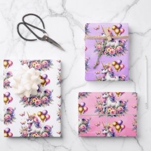 Roze, Paarse en Gouden Eenhoorn Verjaardagsdeel Inpakpapier Vel