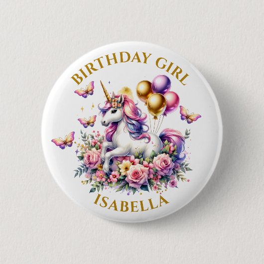  Roze, Paarse en Gouden Eenhoorn Verjaardagsmeisje Ronde Button 5,7 Cm (Voorkant)