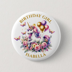 Roze, Paarse en Gouden Eenhoorn Verjaardagsmeisje Ronde Button 5,7 Cm