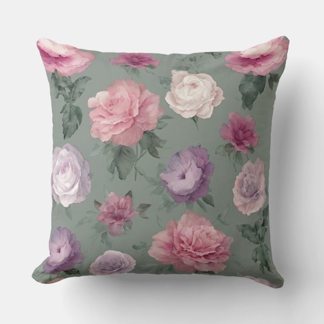 Roze, paarse en groene bloemen kussen (Voorkant)