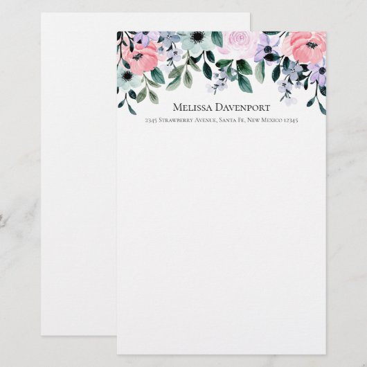 Roze Paarse en groene Floral Waterverf Briefpapier (Voorkant / Achterkant)