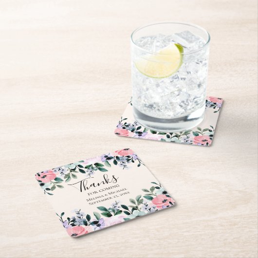 Roze Paarse en groene Floral Waterverf bruiloft Kartonnen Onderzetters (Insitu)