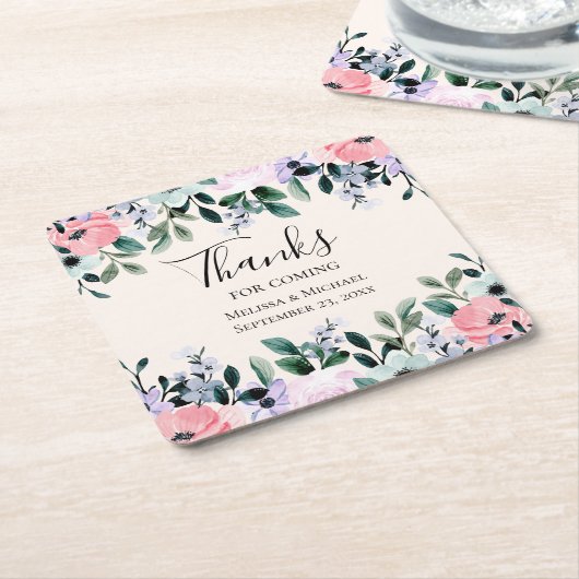 Roze Paarse en groene Floral Waterverf bruiloft Kartonnen Onderzetters (Schuin)