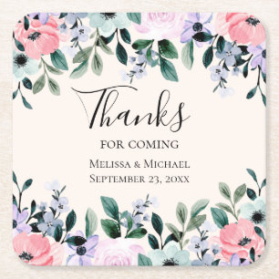 Roze Paarse en groene Floral Waterverf bruiloft Kartonnen Onderzetters