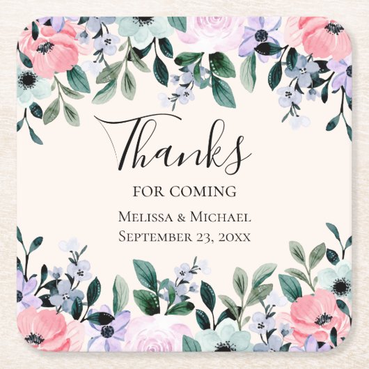 Roze Paarse en groene Floral Waterverf bruiloft Kartonnen Onderzetters (Voorkant)