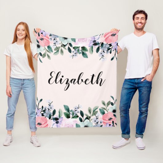 Roze Paarse en groene Floral Waterverf Fleece Deken (In situ)