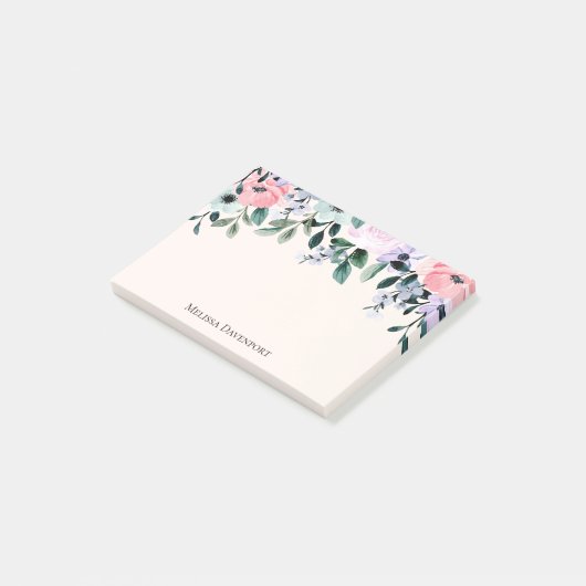 Roze Paarse en groene Floral Waterverf Post-it® Notes (Schuin)