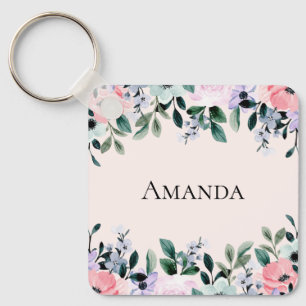 Roze Paarse en groene Floral Waterverf Sleutelhanger