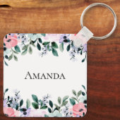 Roze Paarse en groene Floral Waterverf Sleutelhanger (Achterkant)