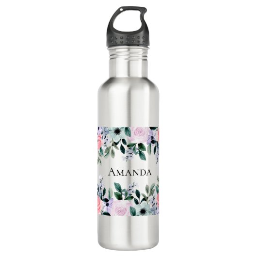 Roze Paarse en groene Floral Waterverf Waterfles (Voorkant)