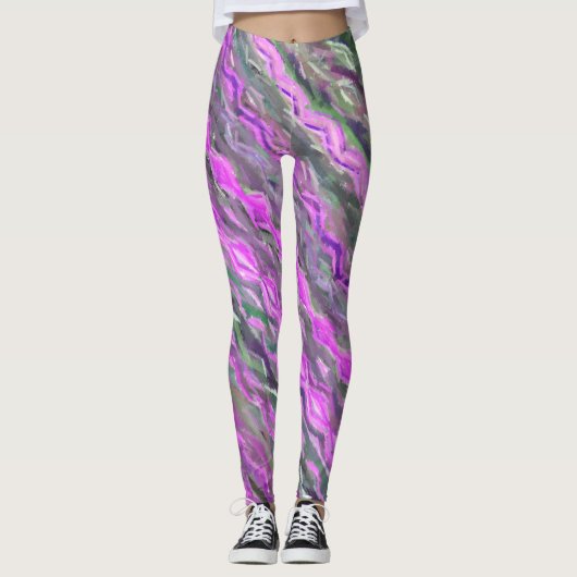 Roze, paarse en groene pasteelkrijt abstracte kuns leggings (Voorkant)