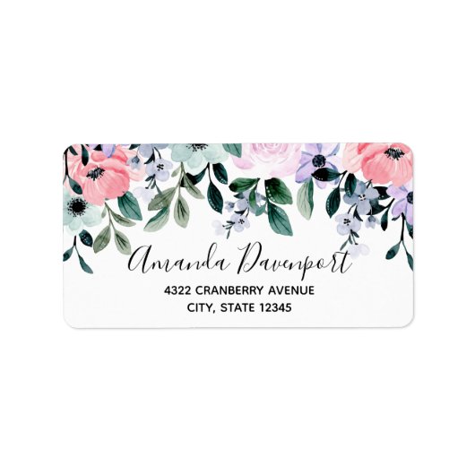 Roze Paarse en groene Waterverf Floral Border Etiket (Voorkant)