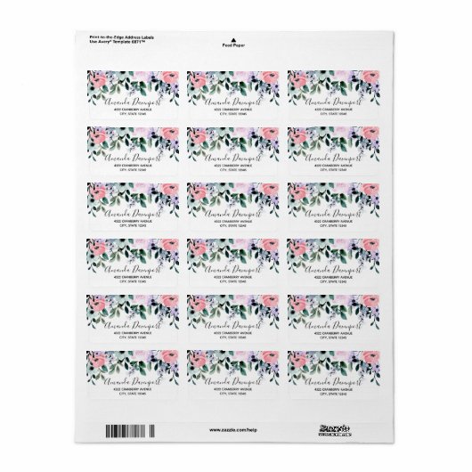 Roze Paarse en groene Waterverf Floral Border Etiket (Full Sheet)