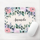 Roze Paarse en groene Waterverf Floral Border Muismat (Met muis)