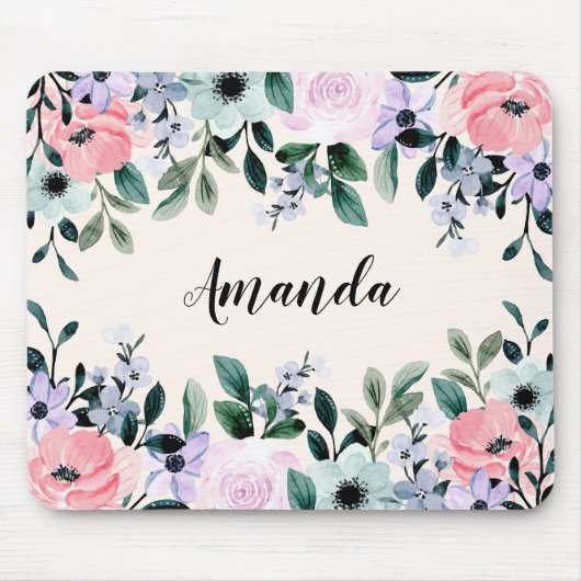 Roze Paarse en groene Waterverf Floral Border Muismat (Voorkant)