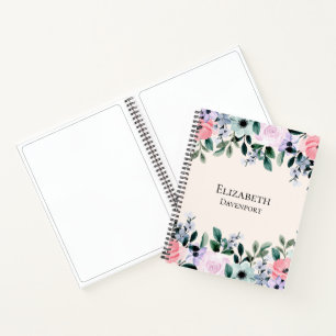 Roze Paarse en groene Waterverf Floral Border Notitieboek