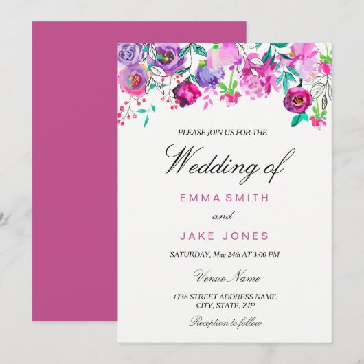 Roze Paarse en Mint Waterverf Flowers Wedding Kaar Kaart (Voorkant / Achterkant)