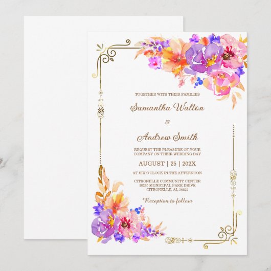 Roze, Paarse en Oranje bruiloft Kaart (Voorkant / Achterkant)