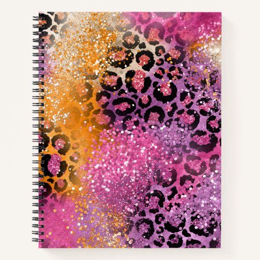 Roze Paarse en Oranje Glitter Leopard Print Notitieboek (Voorkant)