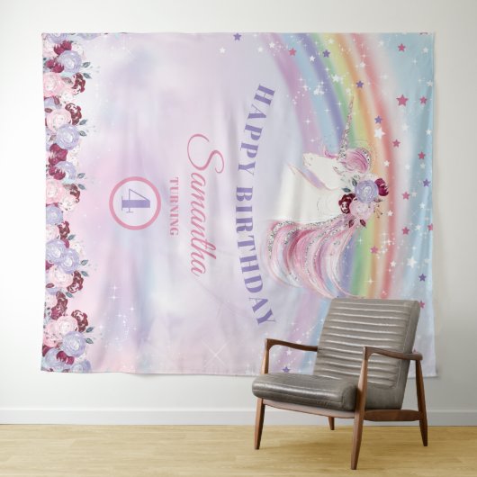 Roze Paarse en Zilveren Eenhoorn Verjaardag Achter Wandkleed (In Situ (horizontaal))