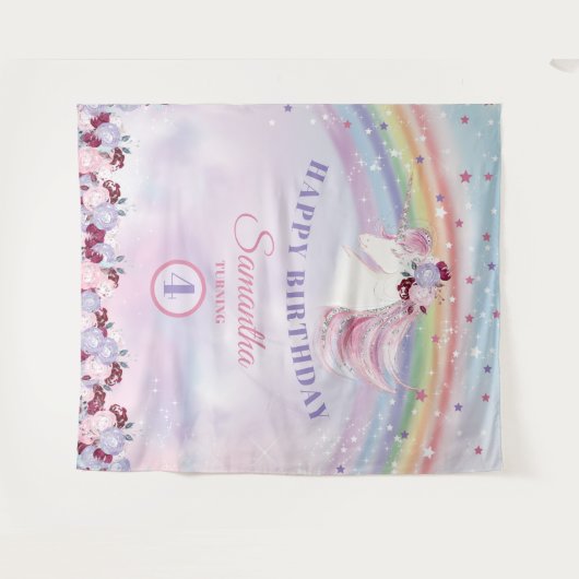 Roze Paarse en Zilveren Eenhoorn Verjaardag Achter Wandkleed (Voorkant (horizontaal))