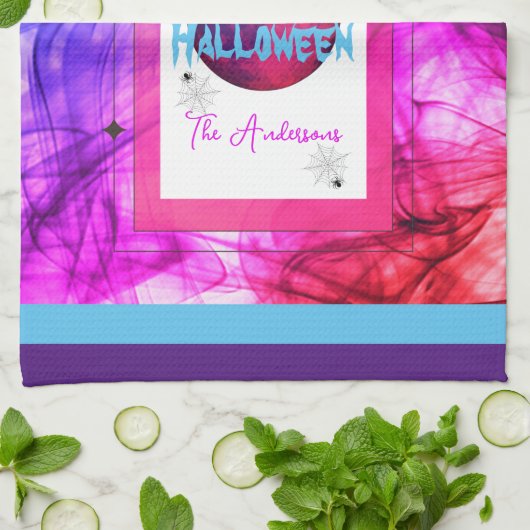 Roze Paarse familienaam Spider Bat Happy Halloween Theedoek (Gevouwen)
