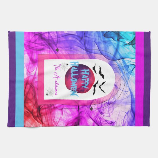 Roze Paarse familienaam Spider Bat Happy Halloween Theedoek (Horizontaal)