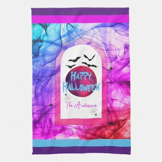 Roze Paarse familienaam Spider Bat Happy Halloween Theedoek (Verticaal)