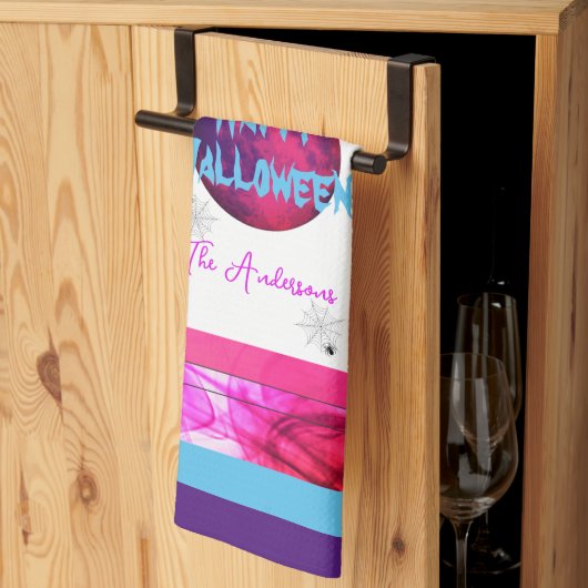 Roze Paarse familienaam Spider Bat Happy Halloween Theedoek (Derde Gevouwen)