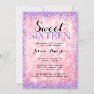 Roze Paarse Faux Glitter Lights Sweet 16 verjaarda Kaart