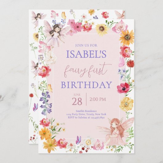 Roze Paarse fee eerste verjaardag Kaart (Voorkant / Achterkant)