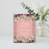 Roze Paarse Floral 100e verjaardag Kaart (Staand voorkant)