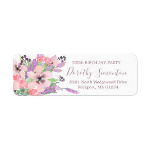 Roze Paarse Floral 100th Birthday Return Address Etiket