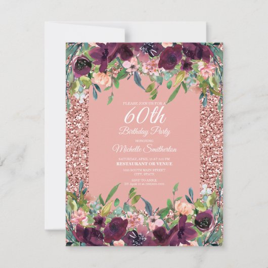 Roze Paarse Floral 60ste verjaardag van de 60ste v Kaart (Voorkant)