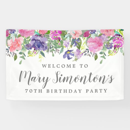Roze Paarse Floral 70th Birthday Party Welcome Spandoek (Horizontaal)