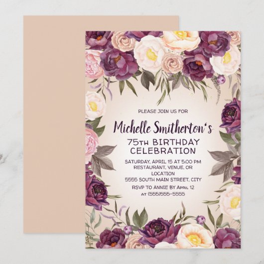  Roze Paarse Floral 75e verjaardag Kaart (Voorkant / Achterkant)