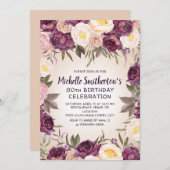  Roze Paarse Floral 80e verjaardag Kaart (Voorkant / Achterkant)