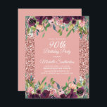 Roze Paarse Floral 90th Birthday Kaart<br><div class="desc">Elegant roze glitter en paarse floral 90th verjaardagsfeest uitnodiging voor vrouwen. Neem contact met ons op voor hulp bij aanpassingen of om passende producten aan te vragen.</div>