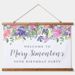 Roze Paarse Floral 90th Birthday Welkomstbanner Hangend Wandkleed