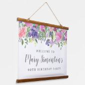 Roze Paarse Floral 90th Birthday Welkomstbanner Hangend Wandkleed (Gebogen)
