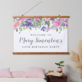Roze Paarse Floral 90th Birthday Welkomstbanner Hangend Wandkleed (Slaapkamer)