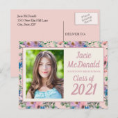Roze Paarse Floral Afstuderen Foto van 2021 Aankondigingskaart (Voorkant / Achterkant)